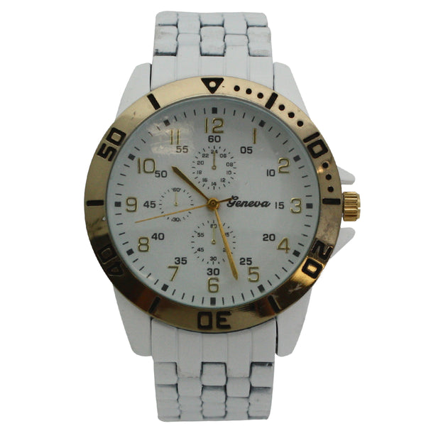 OLIVIA PRATT WOMENS CERAMIC STYLE BASKET LINK FAUX CHRONOGRAPH WATCH