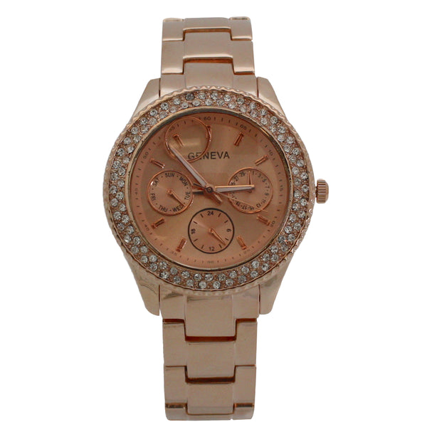 OLIVIA PRATT RHINESTONE BEZEL 3-DIAL METAL WATCH