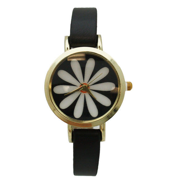 Olivia Pratt Large Flower Face Skinny Leather Strap Watch
