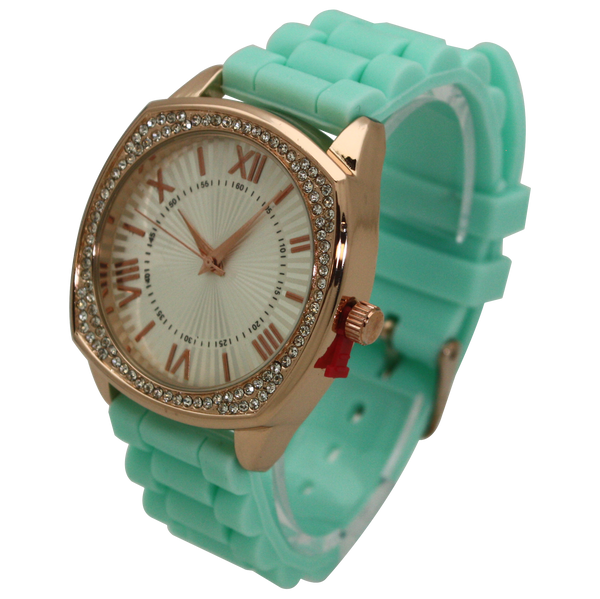 OLIVIA PRATT ROSE GOLD AND RHINESTONE SILICONE STRAP WATCH