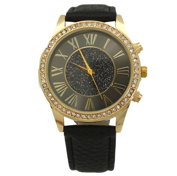 OLIVIA PRATT GLITTER AND GOLD DETAIL LEATHER STRAP WATCH