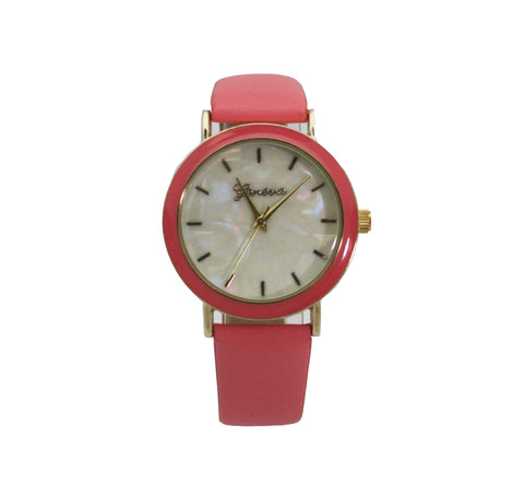 Olivia Pratt Colored Case Pearl Dial Leather Strap Watch