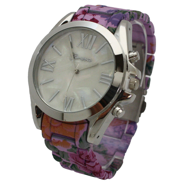 OLIVIA PRATT COLORFUL AND FLORAL PRINT METAL WATCH