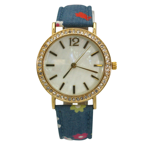 OLIVIA PRATT FLOWERS AND DENIM STRAP WATCH