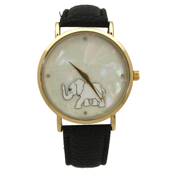 OLIVIA PRATT MOTHER OF PEARL ELEPHANT OUTLINE LEATHER STRAP WATCH