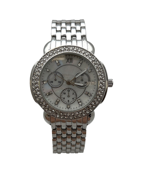 Olivia Pratt Round Rhinestone and Chrome Face Women Watch