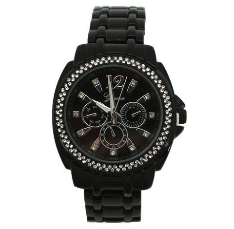 OLIVIA PRATT RHINESTONE BEZEL BLACK METAL WATCH