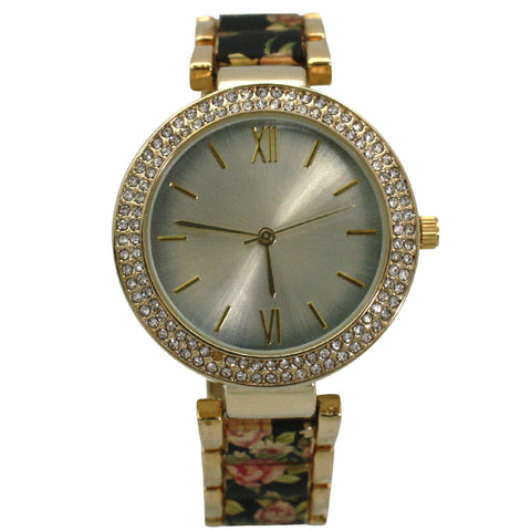 Olivia Pratt Two-Toned Floral and Rhinestones Boyfriend Watch