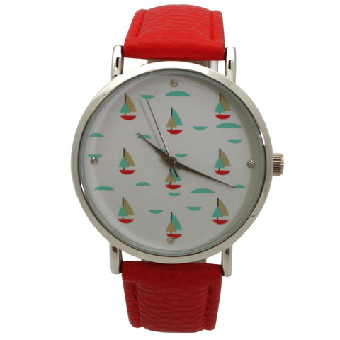 Olivia Pratt Faux Red Leather Sailing Boats Dial Women Watch